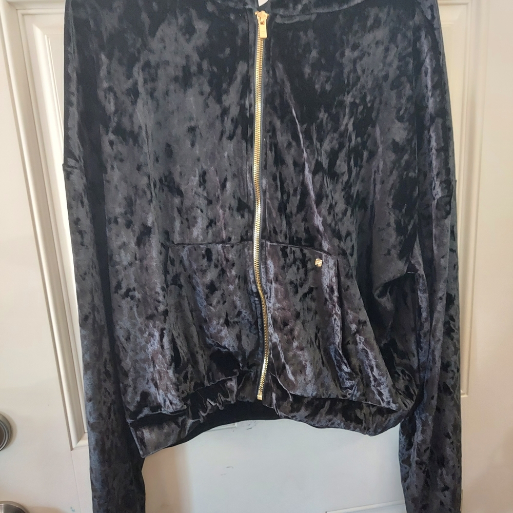 Fabletics Black Crushed Velvet Zip Bomber Jacket with Gold Hardware
